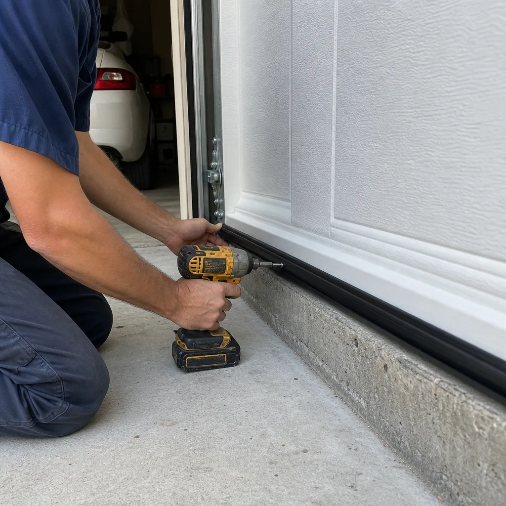 Technician using a power drill to install garage door bottom seal