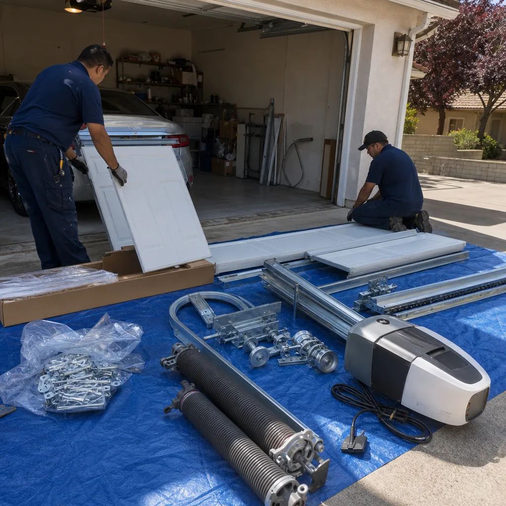 Two technicians preparing parts for a residential garage door installation