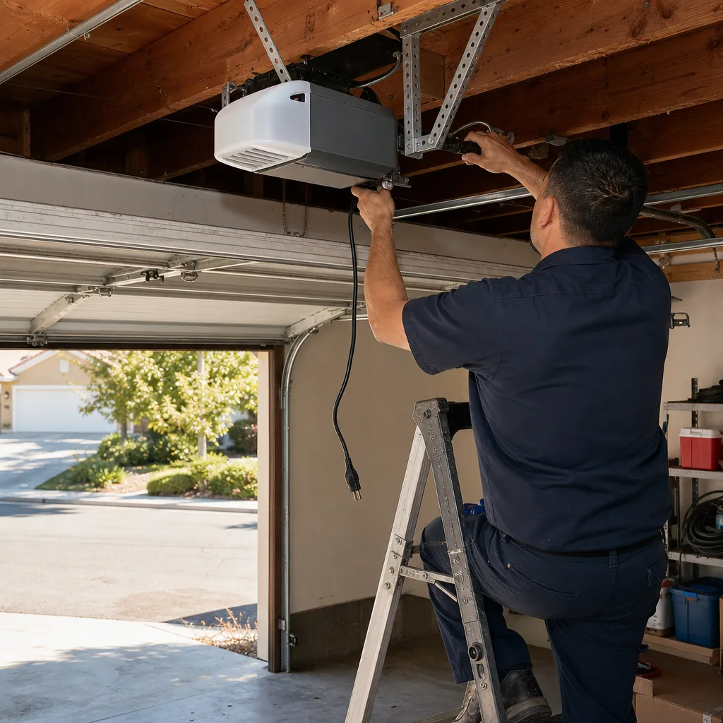 Technician performing professional garage door opener installation on a ladder