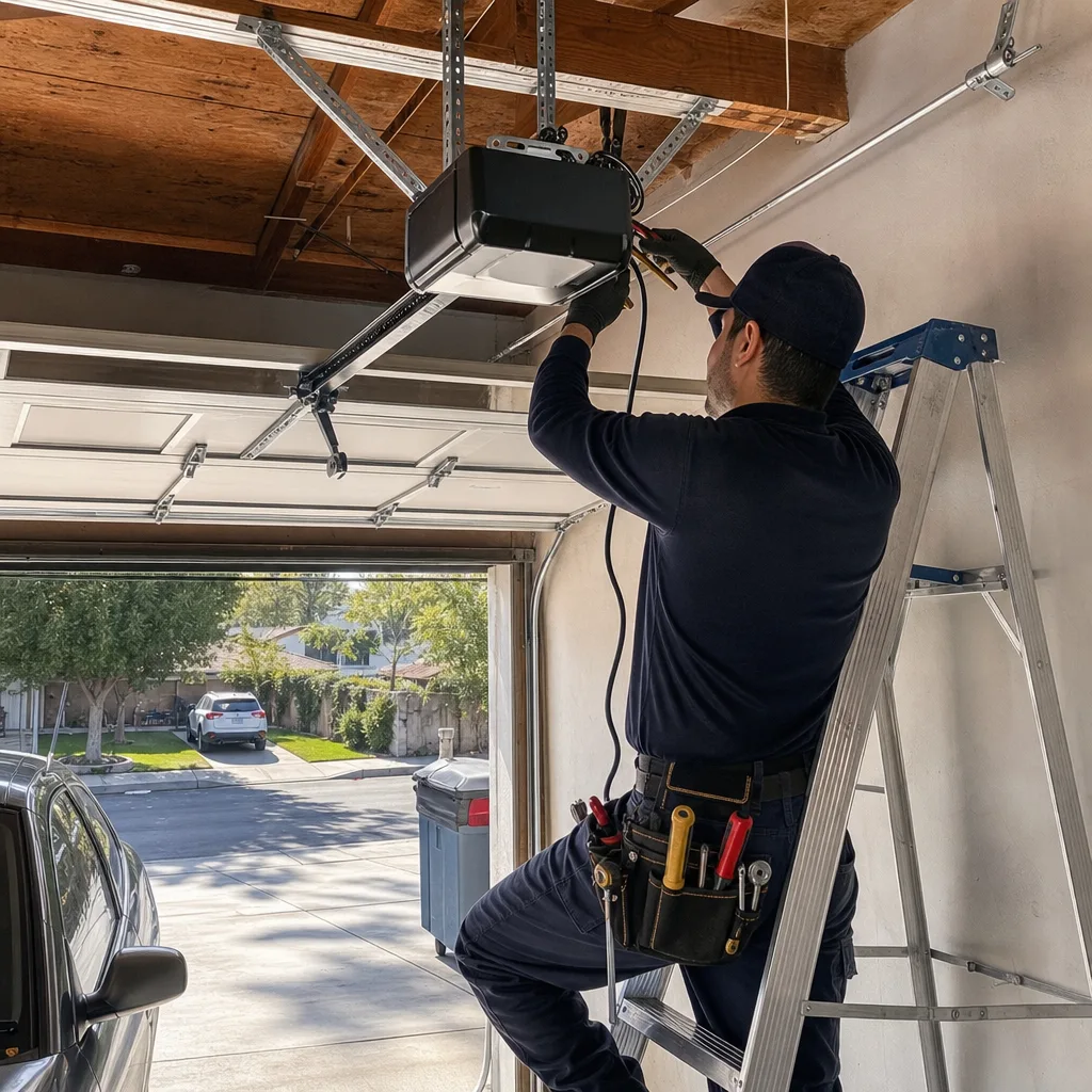 Technician performing professional garage door opener repair and installation services