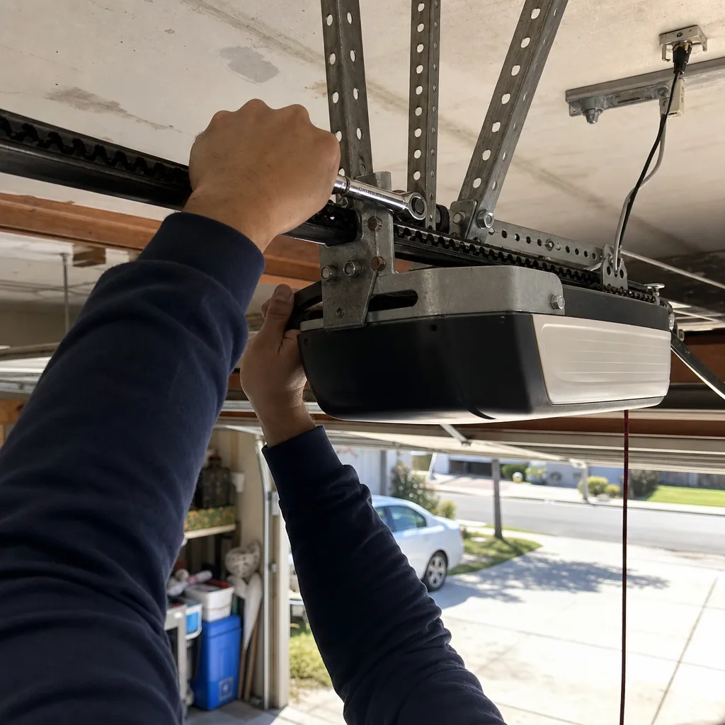 Technician performing professional garage door opener repair and installation
