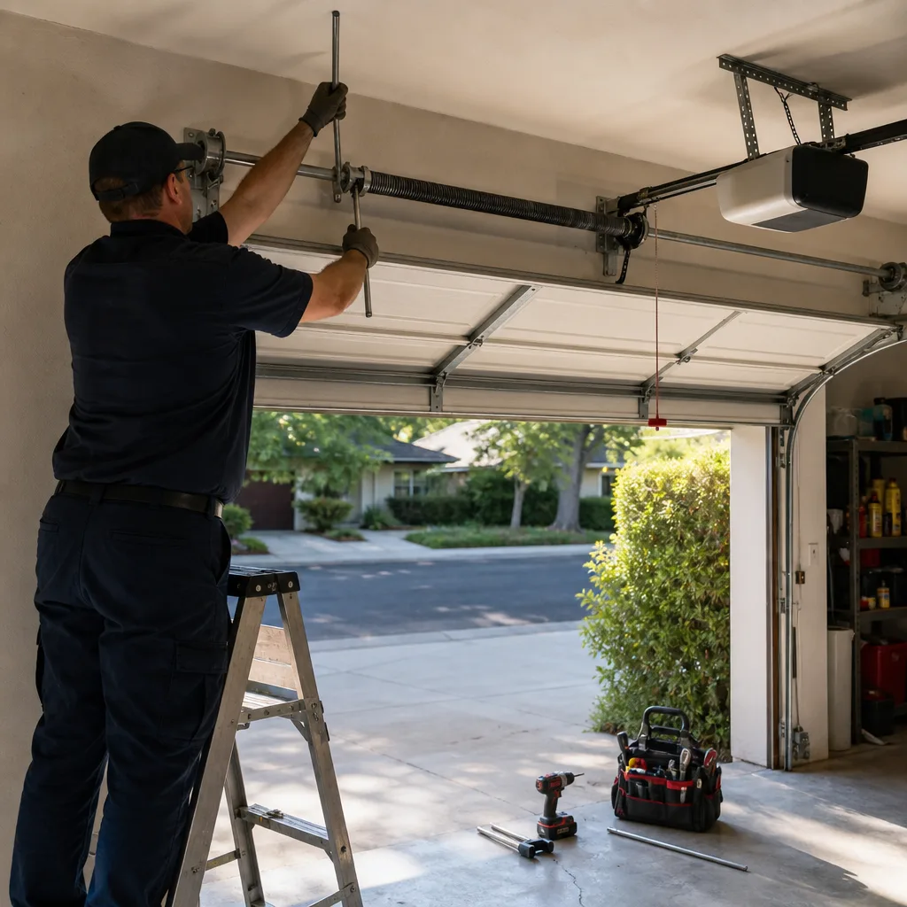 Professional technician repairing a residential garage door torsion spring system