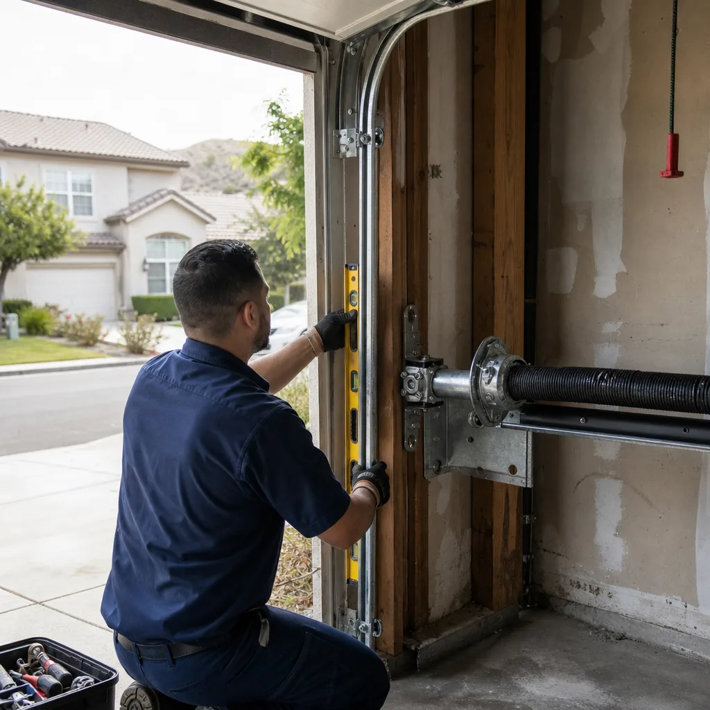 Technician using a level to repair a residential garage door track